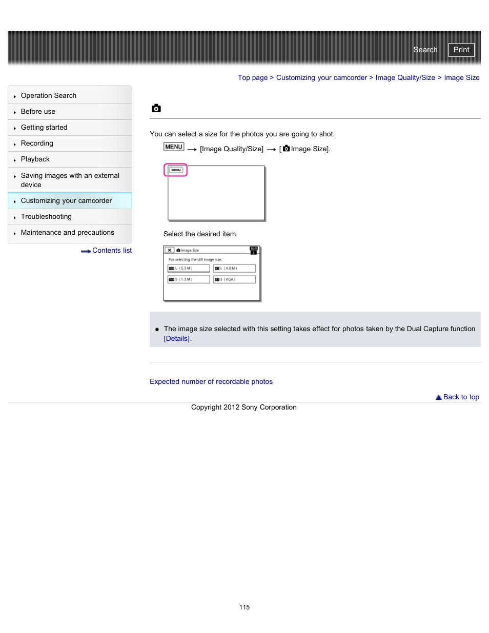 Image size, Handycam" user guide | Sony HDR-PJ200 User Manual | Page 122 / 202