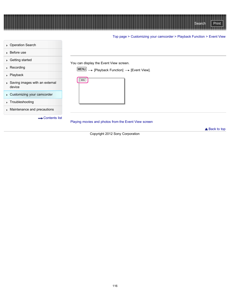 Event view, Handycam" user guide | Sony HDR-PJ200 User Manual | Page 123 / 202