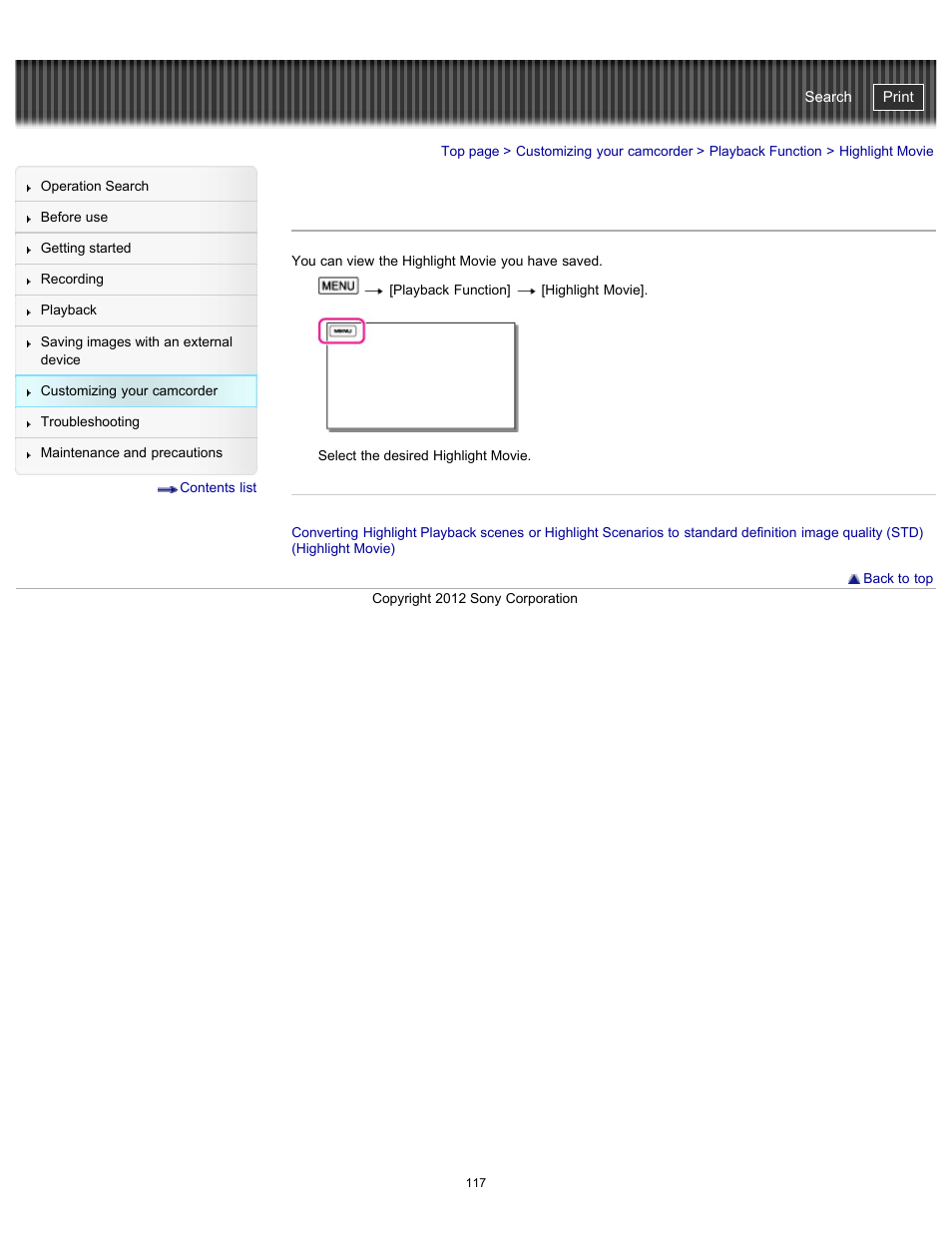 Highlight movie, Handycam" user guide | Sony HDR-PJ200 User Manual | Page 124 / 202