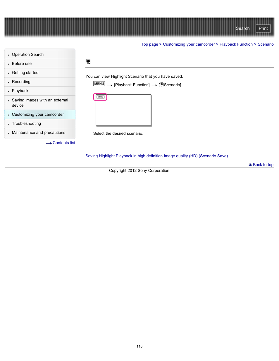 Scenario, Handycam" user guide | Sony HDR-PJ200 User Manual | Page 125 / 202