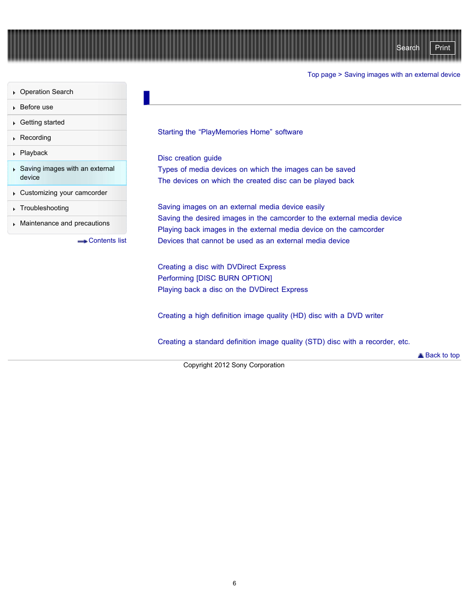 Saving images with an external device, Selecting a method for saving images, Saving images on an external media device | Sony HDR-PJ200 User Manual | Page 13 / 202