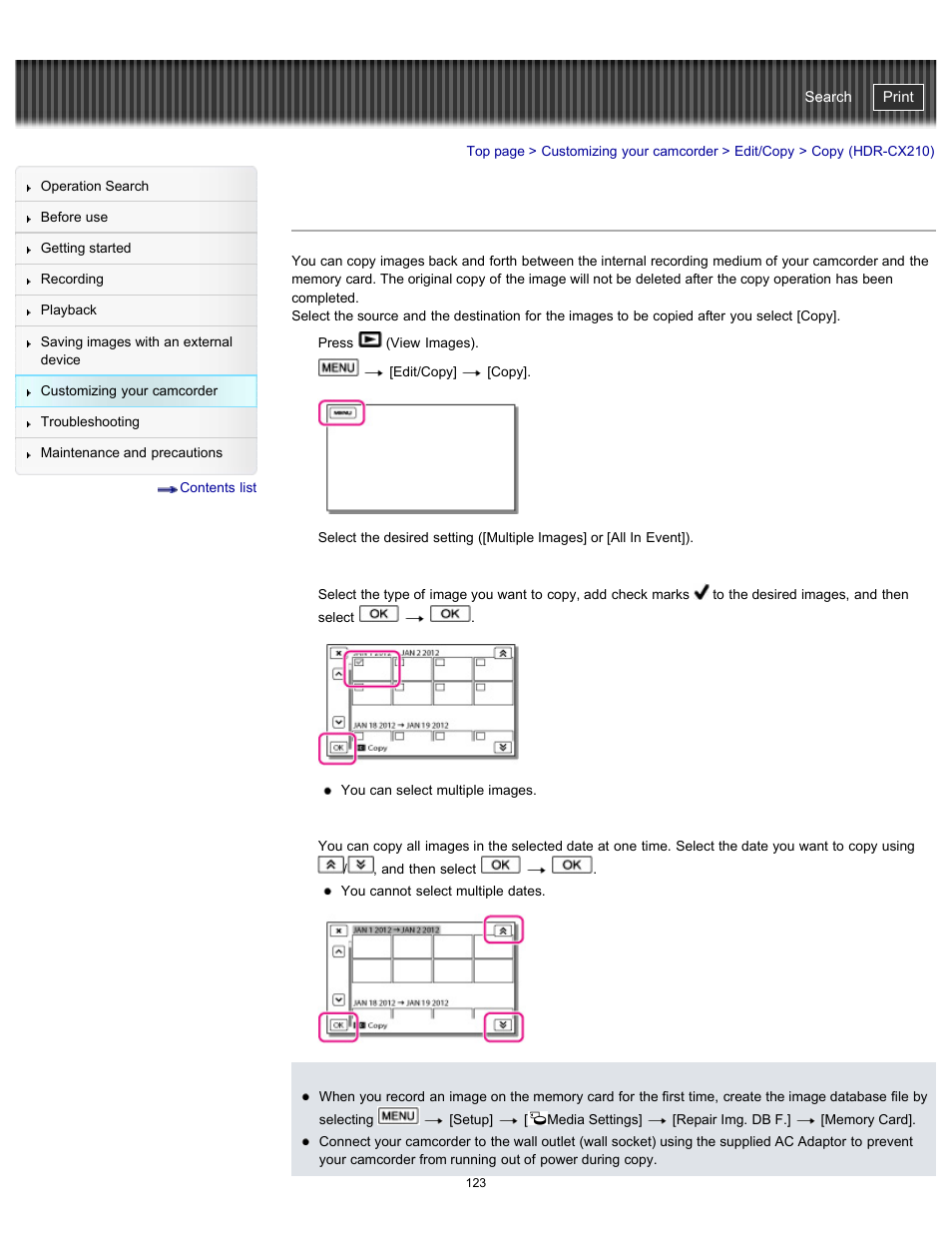 Copy (hdr-cx210), Handycam" user guide | Sony HDR-PJ200 User Manual | Page 130 / 202