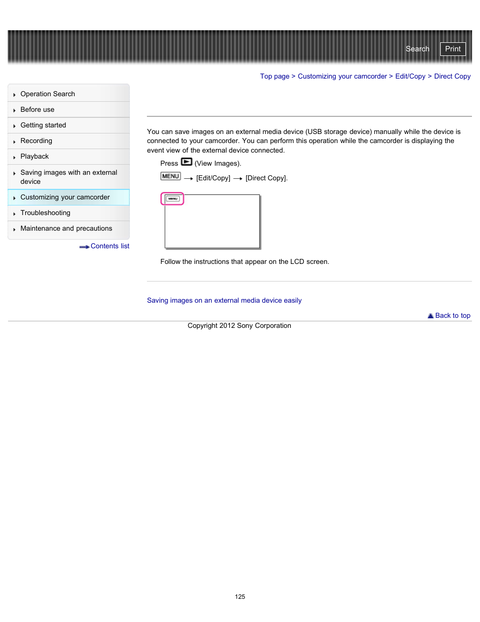 Direct copy, Handycam" user guide | Sony HDR-PJ200 User Manual | Page 132 / 202