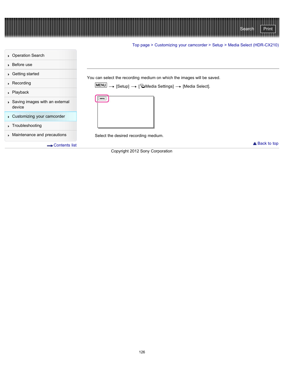 Media select (hdr-cx210), Handycam" user guide | Sony HDR-PJ200 User Manual | Page 133 / 202