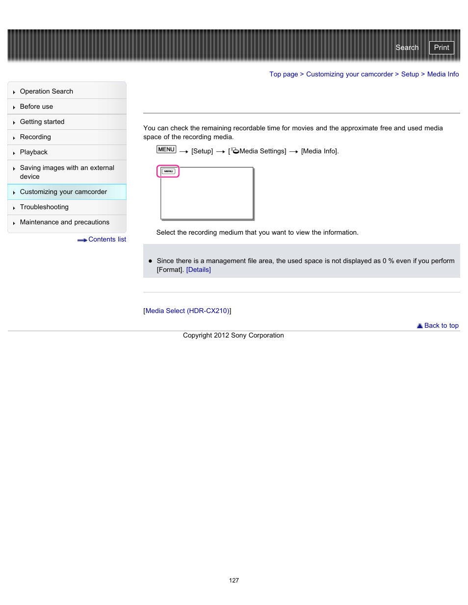 Media info, Handycam" user guide | Sony HDR-PJ200 User Manual | Page 134 / 202