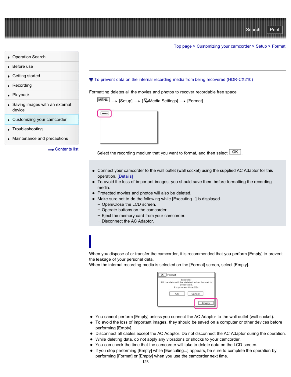 Format, Recovered(hdr-cx210), Details | Handycam" user guide | Sony HDR-PJ200 User Manual | Page 135 / 202