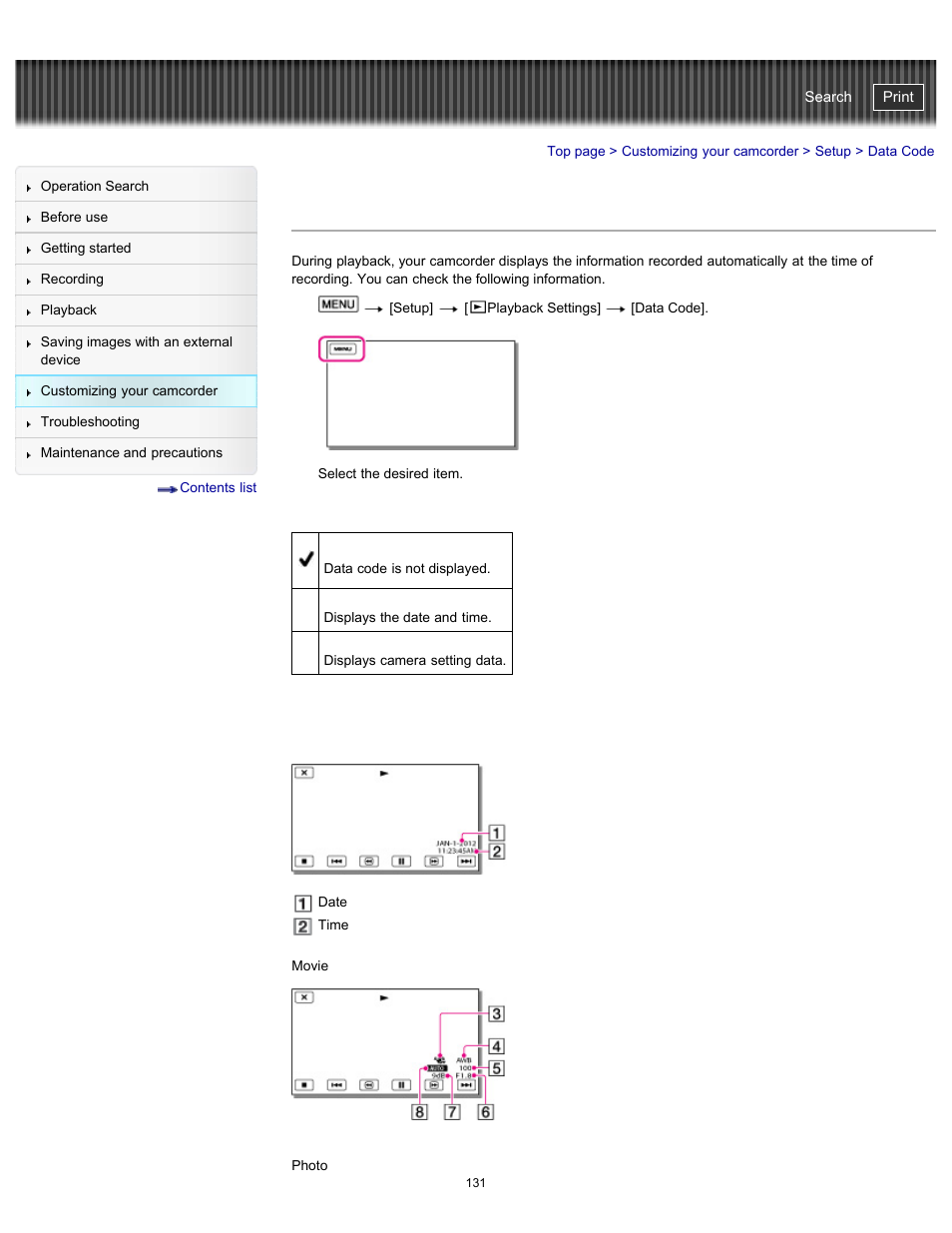 Data code, Handycam" user guide | Sony HDR-PJ200 User Manual | Page 138 / 202