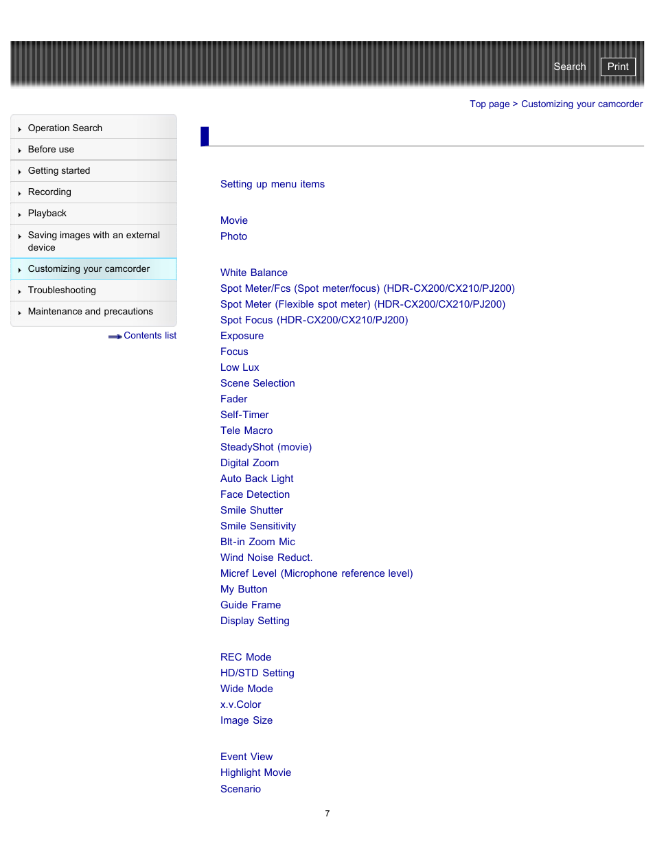 Customizing your camcorder, Shooting mode, Camera/mic | Image quality/size, Playback function | Sony HDR-PJ200 User Manual | Page 14 / 202