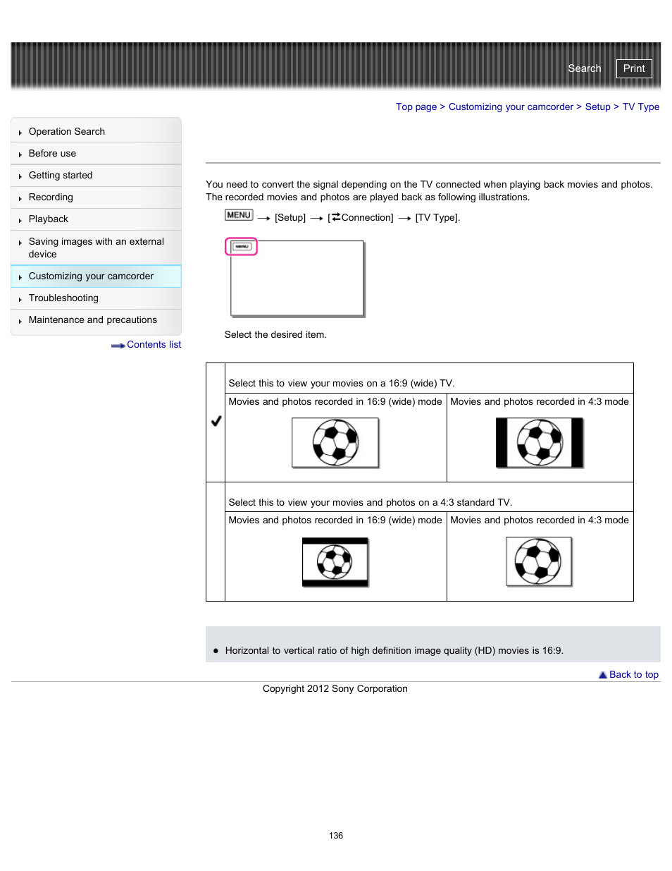 Tv type, Handycam" user guide | Sony HDR-PJ200 User Manual | Page 143 / 202