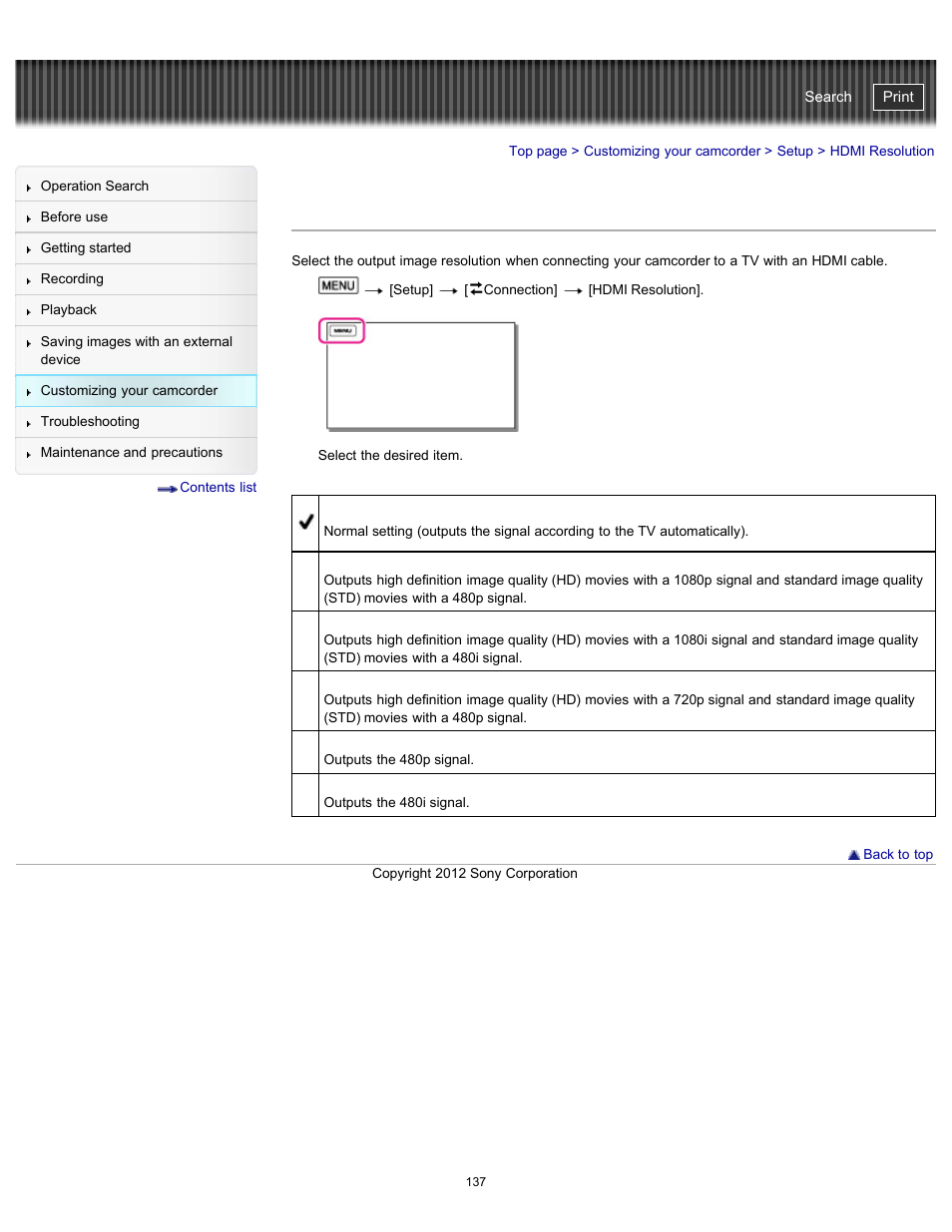 Hdmi resolution, Handycam" user guide | Sony HDR-PJ200 User Manual | Page 144 / 202