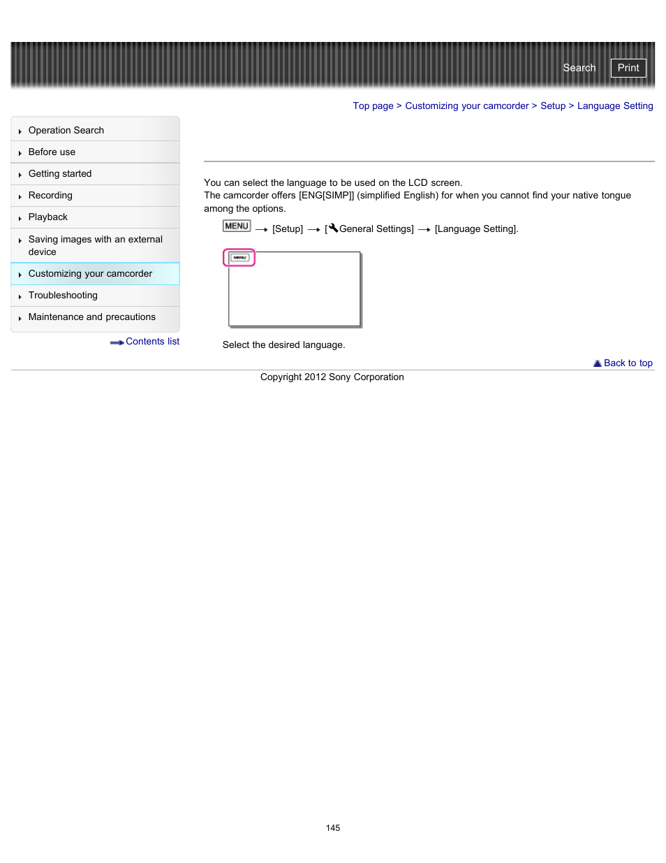 Language setting, Handycam" user guide | Sony HDR-PJ200 User Manual | Page 152 / 202