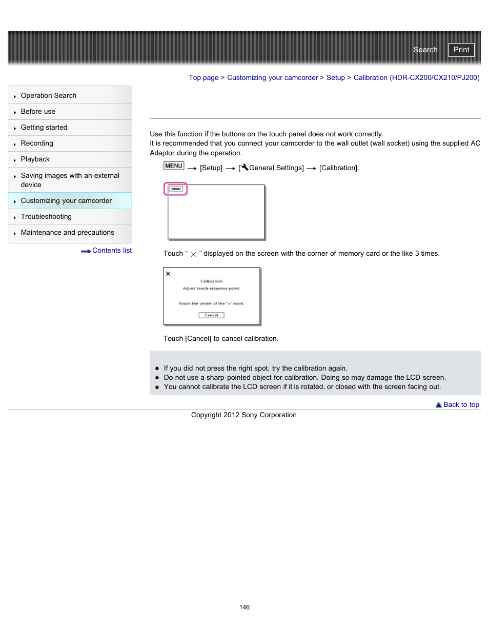 Calibration (hdr-cx200/cx210/pj200), Handycam" user guide | Sony HDR-PJ200 User Manual | Page 153 / 202