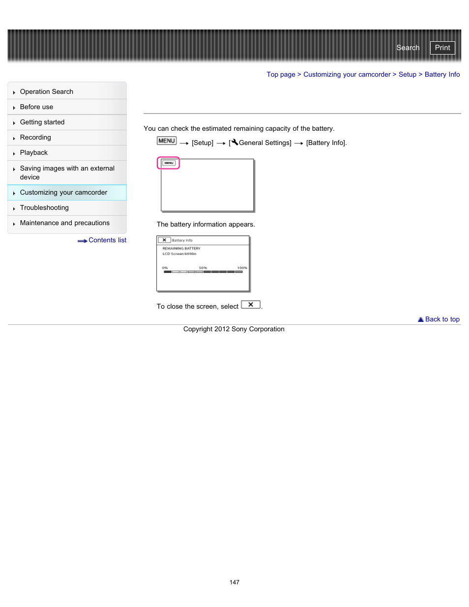 Battery info, Handycam" user guide | Sony HDR-PJ200 User Manual | Page 154 / 202