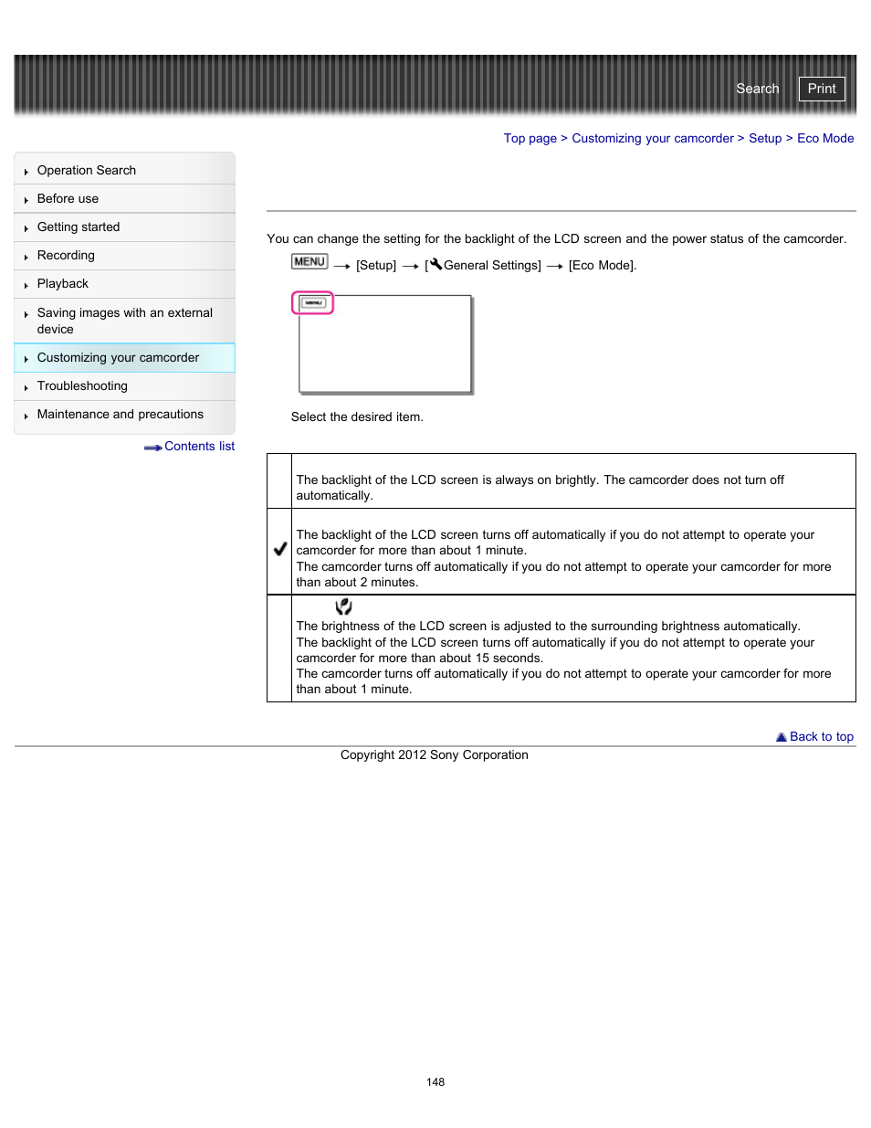 Eco mode, Handycam" user guide | Sony HDR-PJ200 User Manual | Page 155 / 202