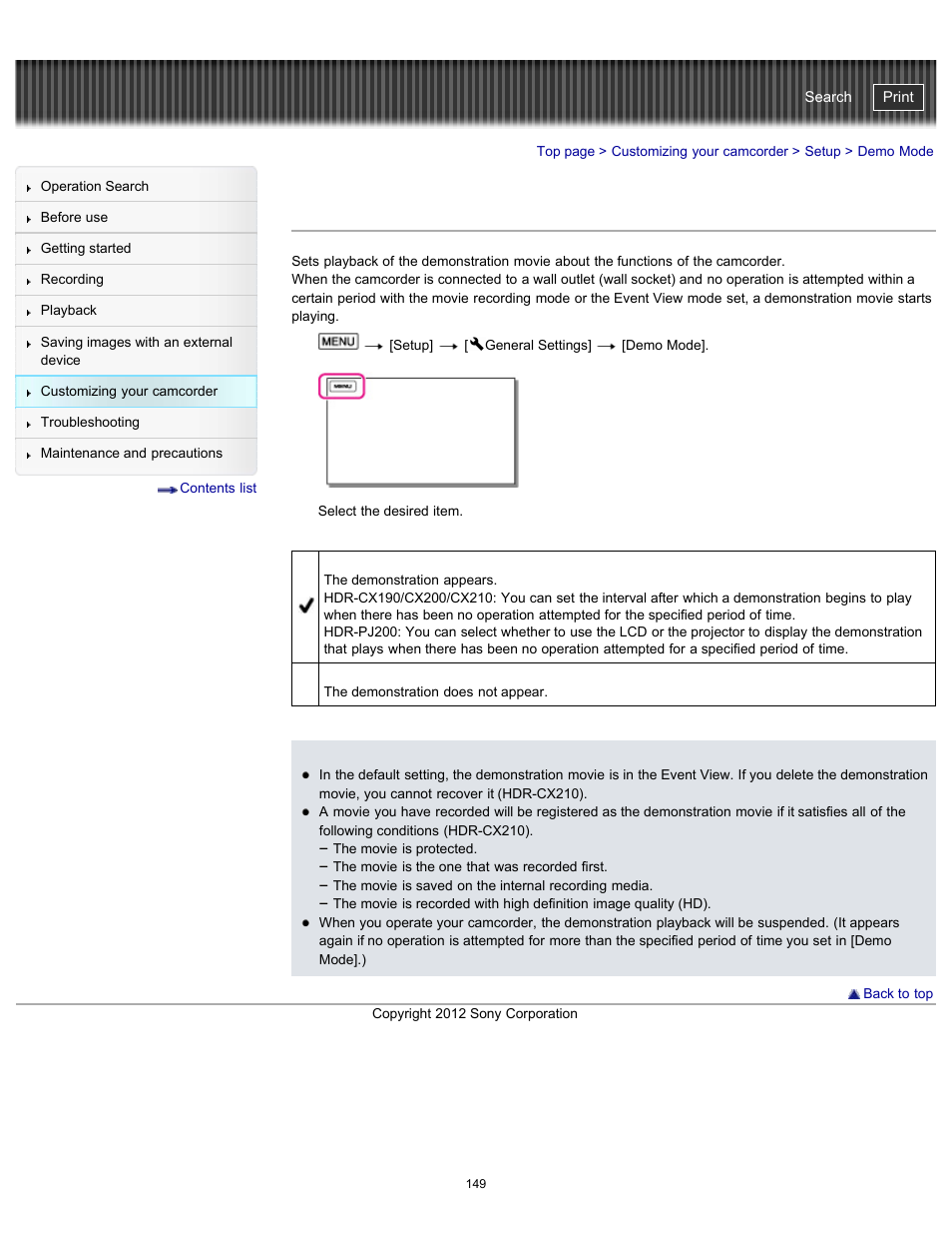 Demo mode, Handycam" user guide | Sony HDR-PJ200 User Manual | Page 156 / 202