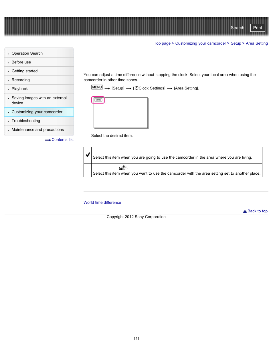 Area setting, Handycam" user guide | Sony HDR-PJ200 User Manual | Page 158 / 202