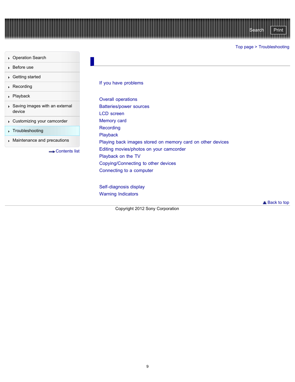 Troubleshooting, Self-diagnosis display/warning indicators, Handycam" user guide | Sony HDR-PJ200 User Manual | Page 16 / 202