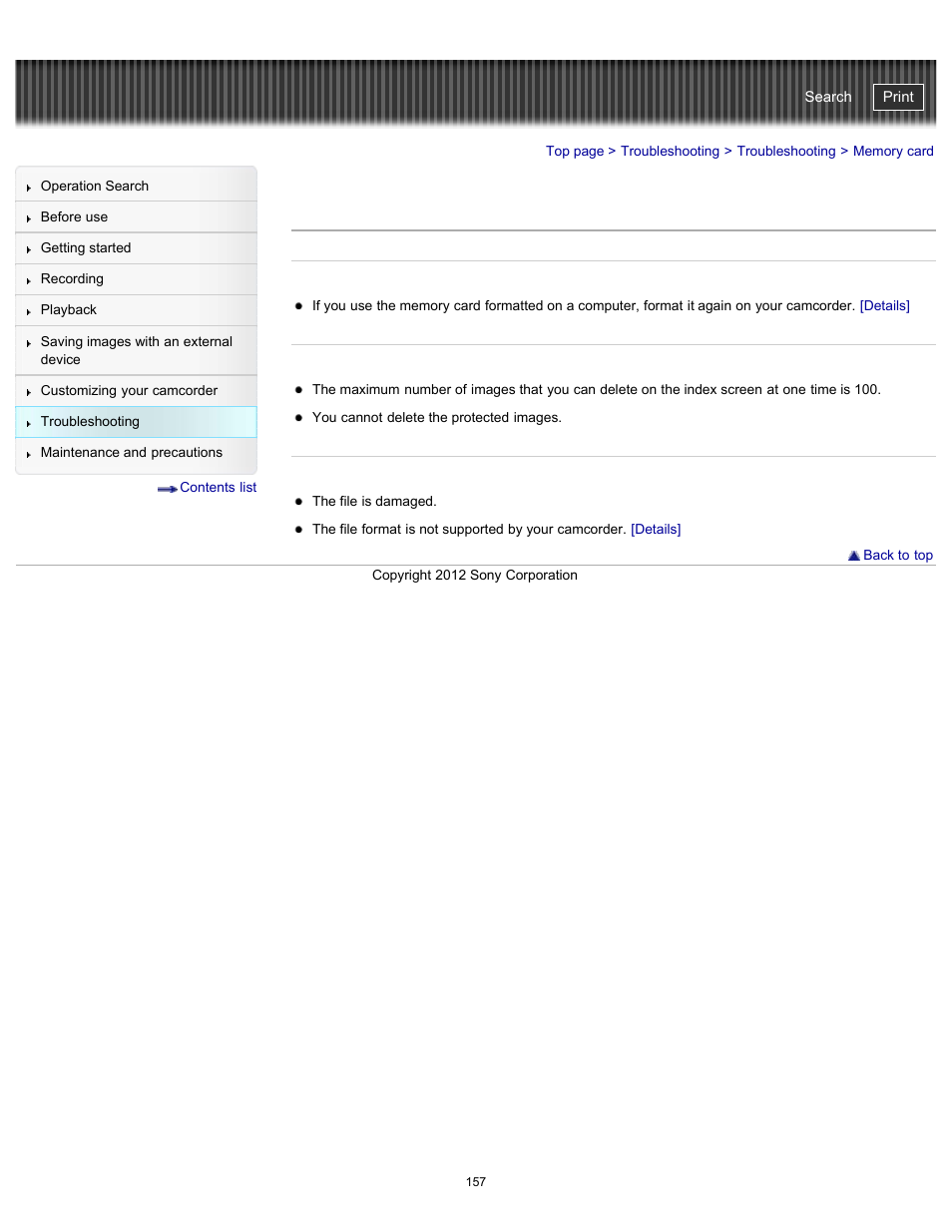 Memory card, Handycam" user guide | Sony HDR-PJ200 User Manual | Page 164 / 202