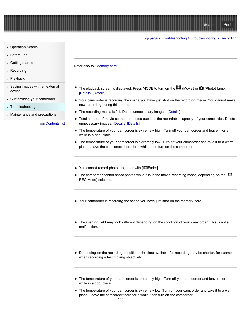 Recording, Handycam" user guide | Sony HDR-PJ200 User Manual | Page 165 / 202