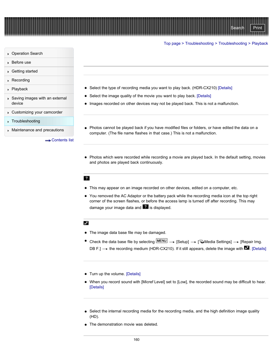 Playback, Handycam" user guide | Sony HDR-PJ200 User Manual | Page 167 / 202