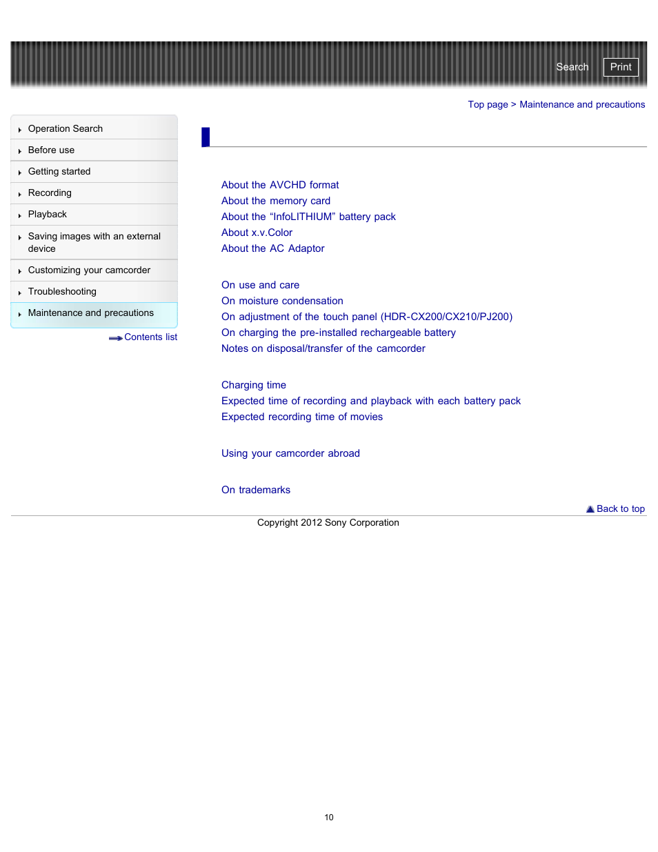 Maintenance and precautions, About handling of your camcorder | Sony HDR-PJ200 User Manual | Page 17 / 202