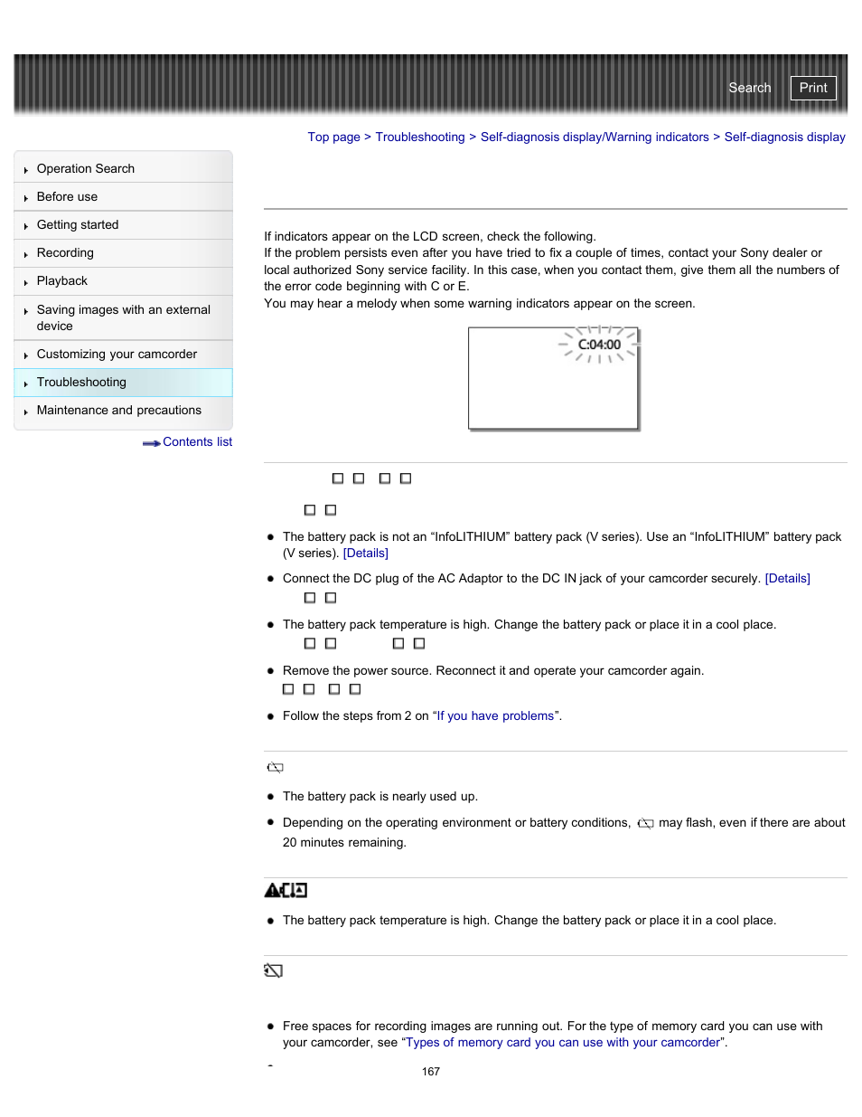 Self-diagnosis display, Handycam" user guide | Sony HDR-PJ200 User Manual | Page 174 / 202