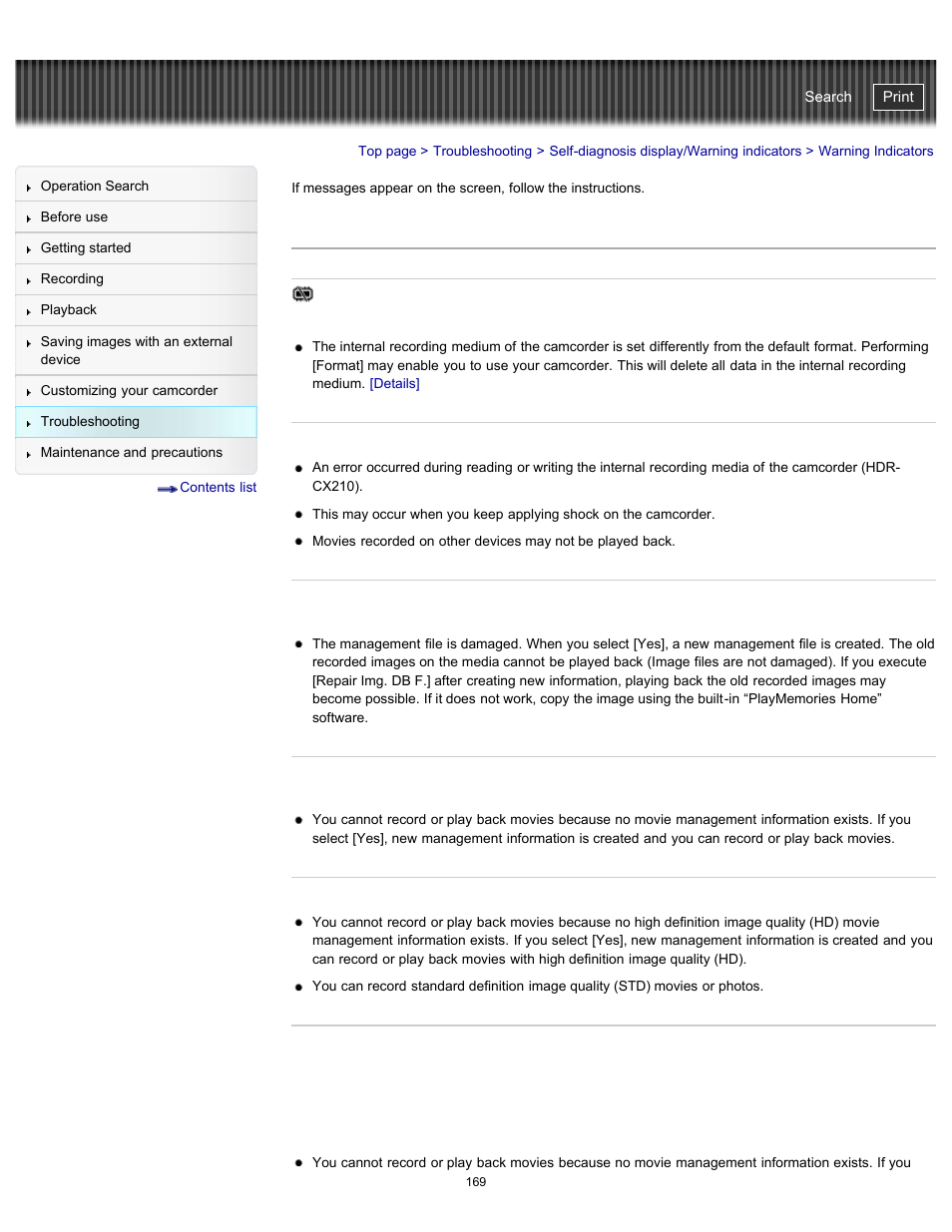 Warning indicators, Handycam" user guide | Sony HDR-PJ200 User Manual | Page 176 / 202