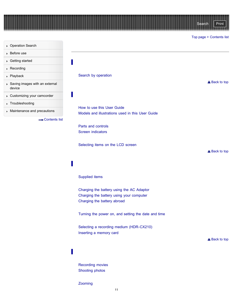 Contents list | Sony HDR-PJ200 User Manual | Page 18 / 202