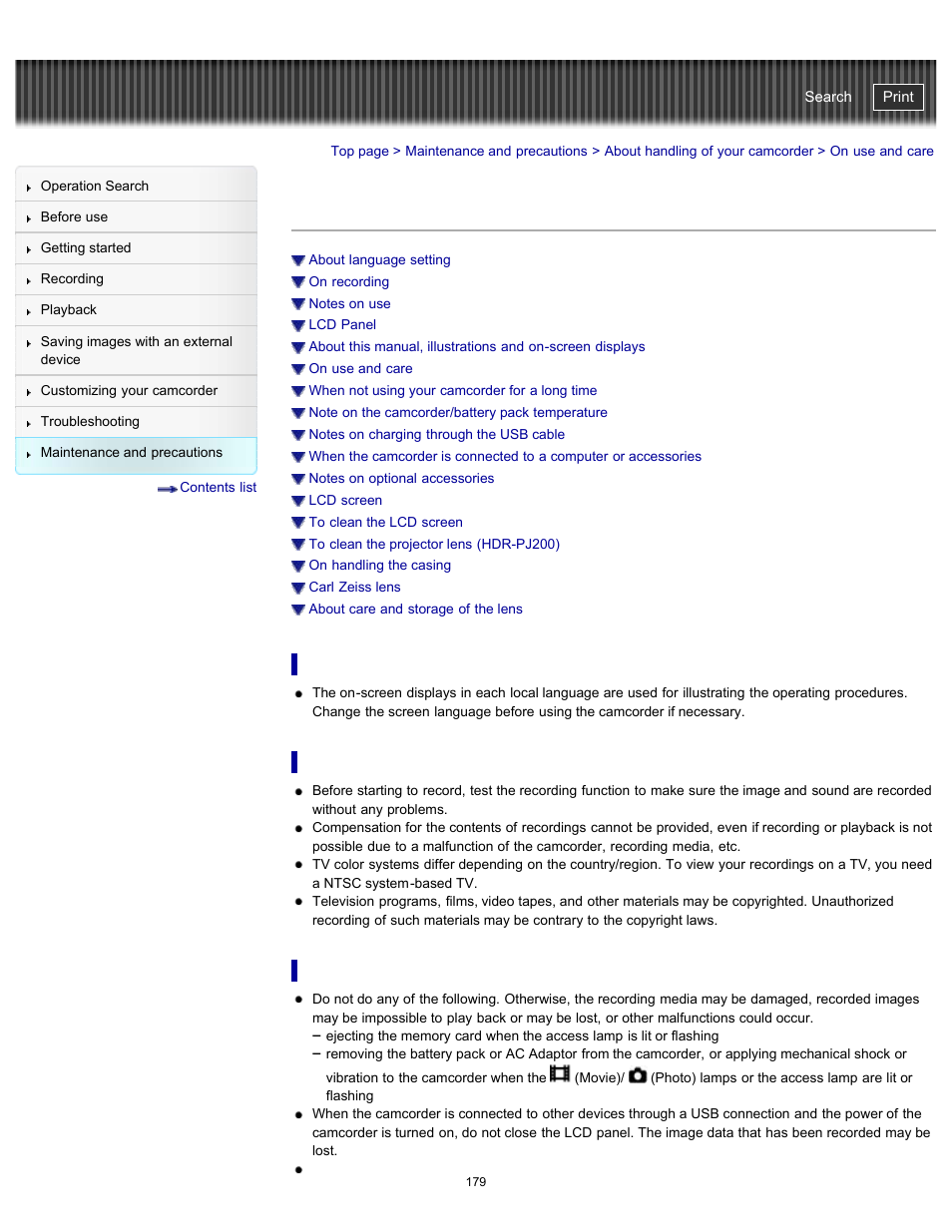 On use and care | Sony HDR-PJ200 User Manual | Page 186 / 202