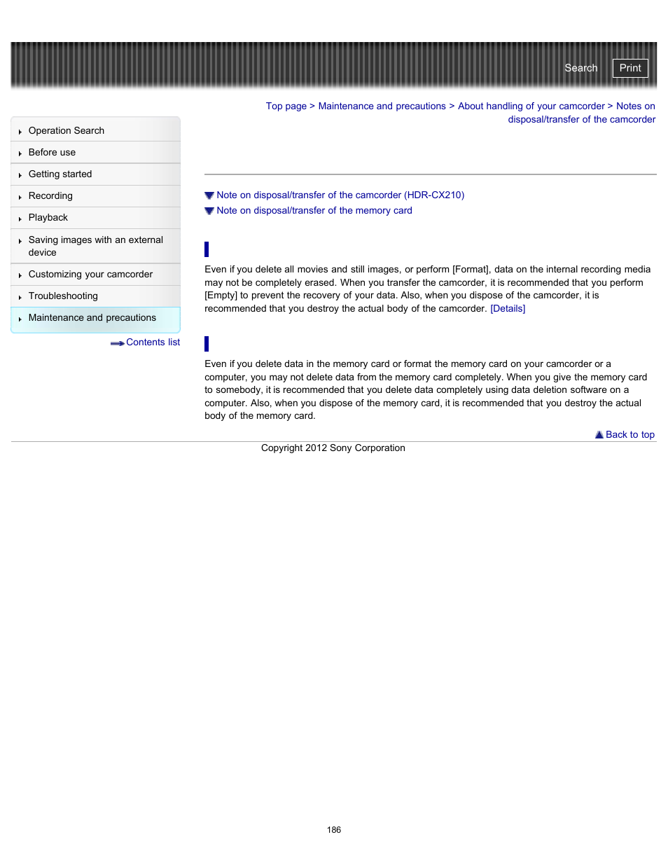 Notes on disposal/transfer of the camcorder | Sony HDR-PJ200 User Manual | Page 193 / 202