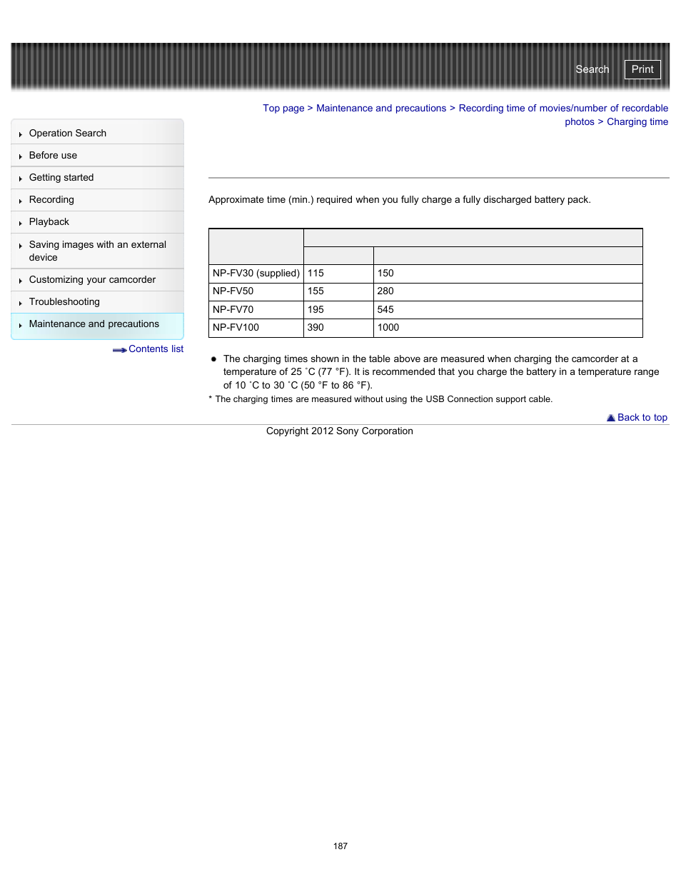 Charging time, Handycam" user guide | Sony HDR-PJ200 User Manual | Page 194 / 202