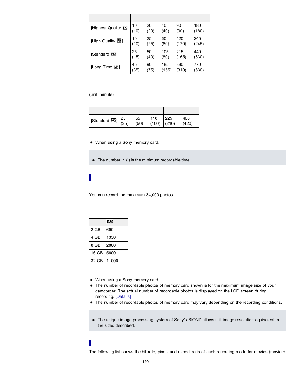 Expected number of recordable photos, Bit-rate and recording pixels | Sony HDR-PJ200 User Manual | Page 197 / 202