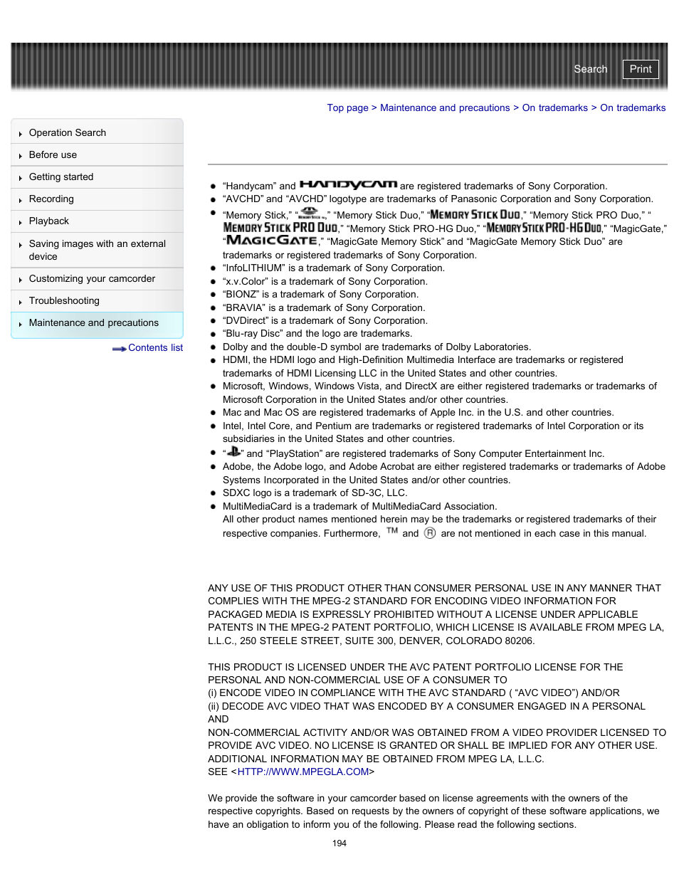 On trademarks, Handycam" user guide | Sony HDR-PJ200 User Manual | Page 201 / 202