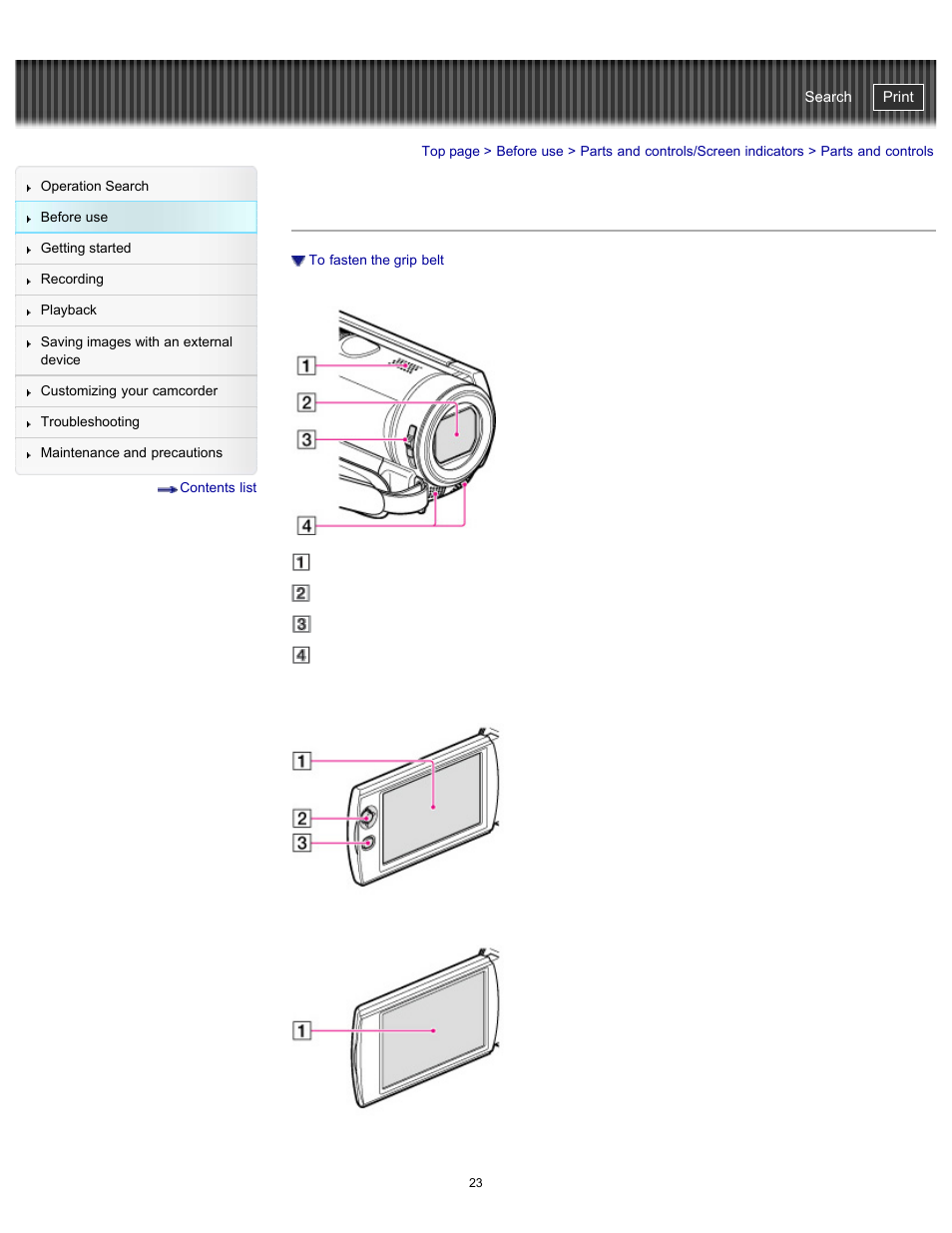 Parts and controls, Handycam" user guide | Sony HDR-PJ200 User Manual | Page 30 / 202