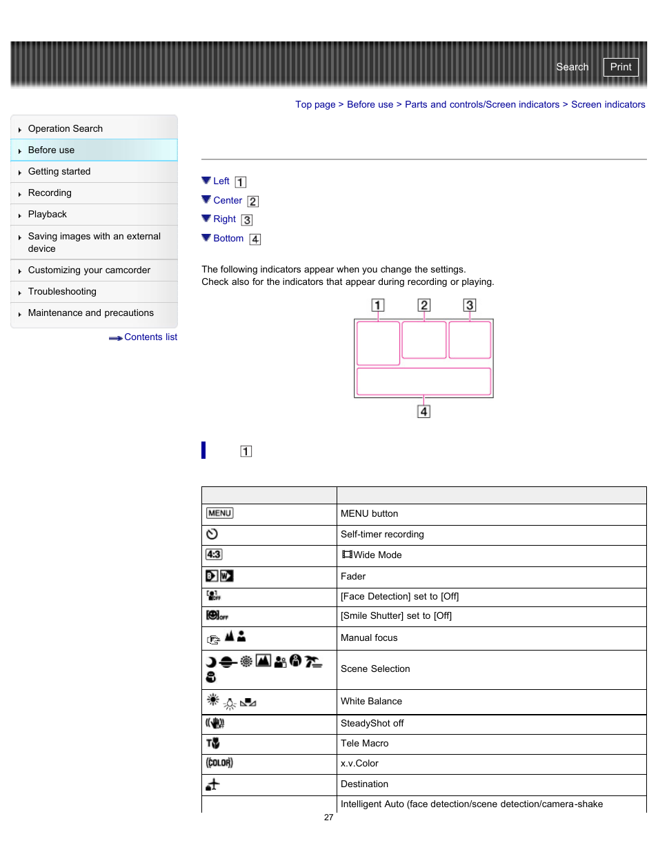 Screen indicators, Left, Handycam" user guide | Sony HDR-PJ200 User Manual | Page 34 / 202