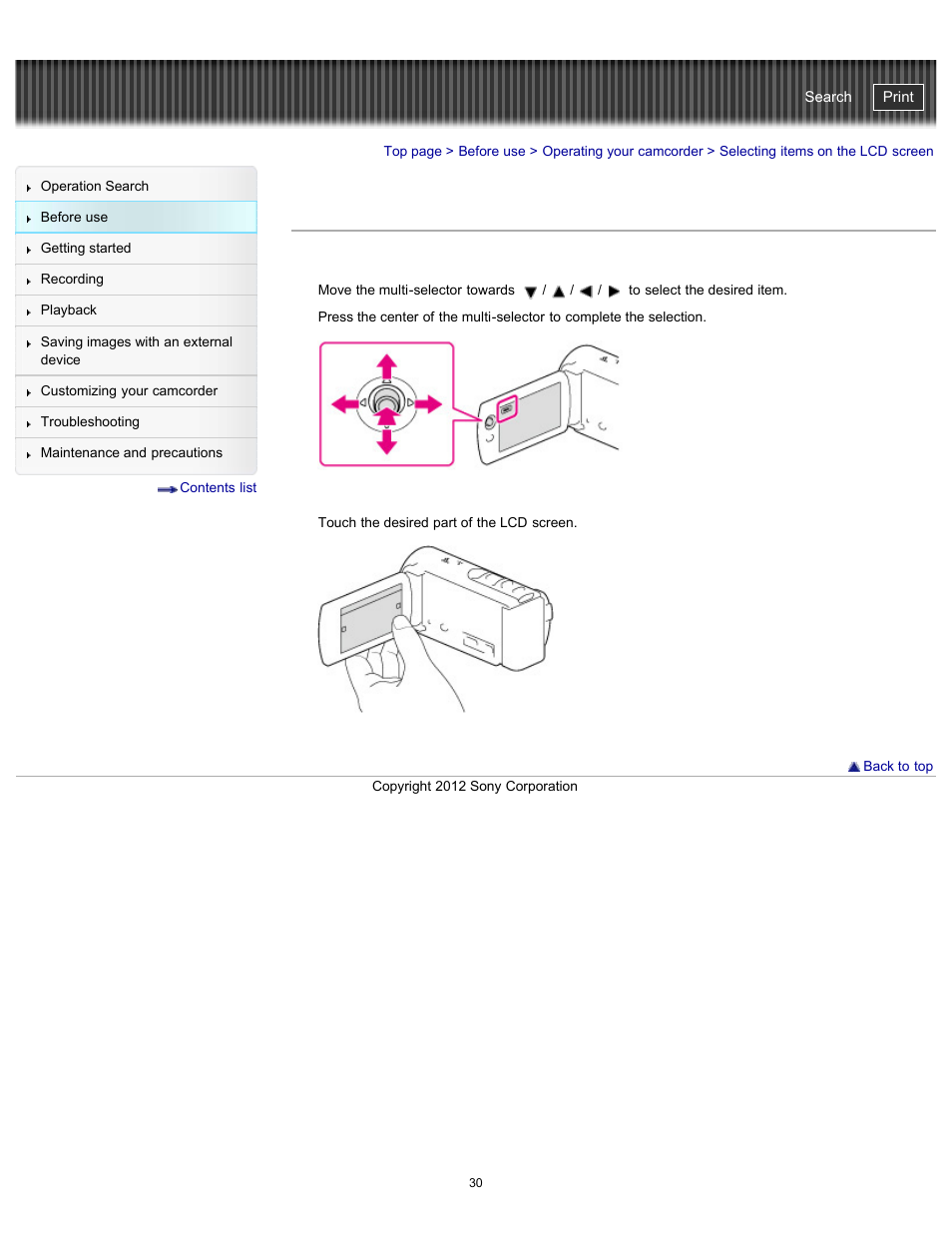 Selecting items on the lcd screen, Handycam" user guide | Sony HDR-PJ200 User Manual | Page 37 / 202