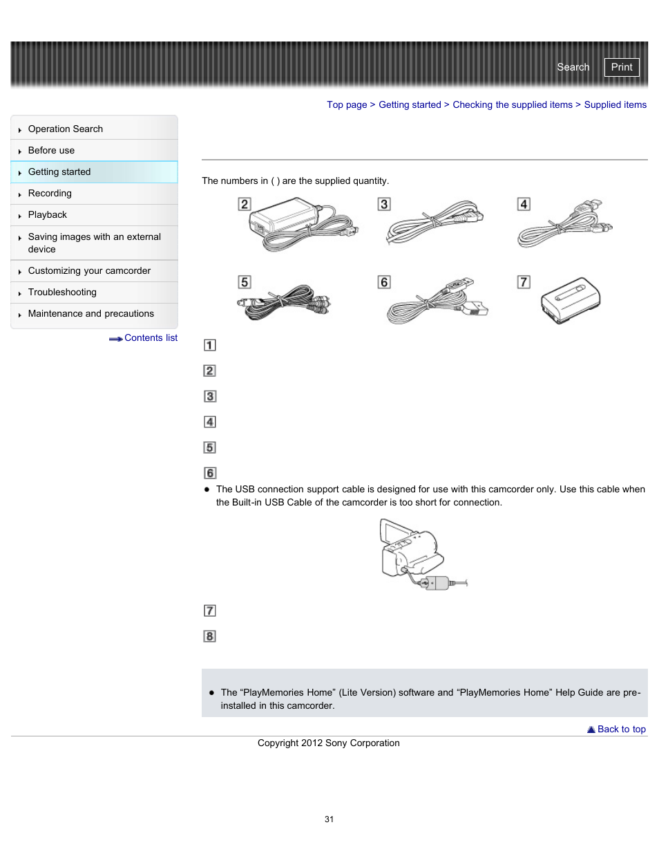 Supplied items | Sony HDR-PJ200 User Manual | Page 38 / 202