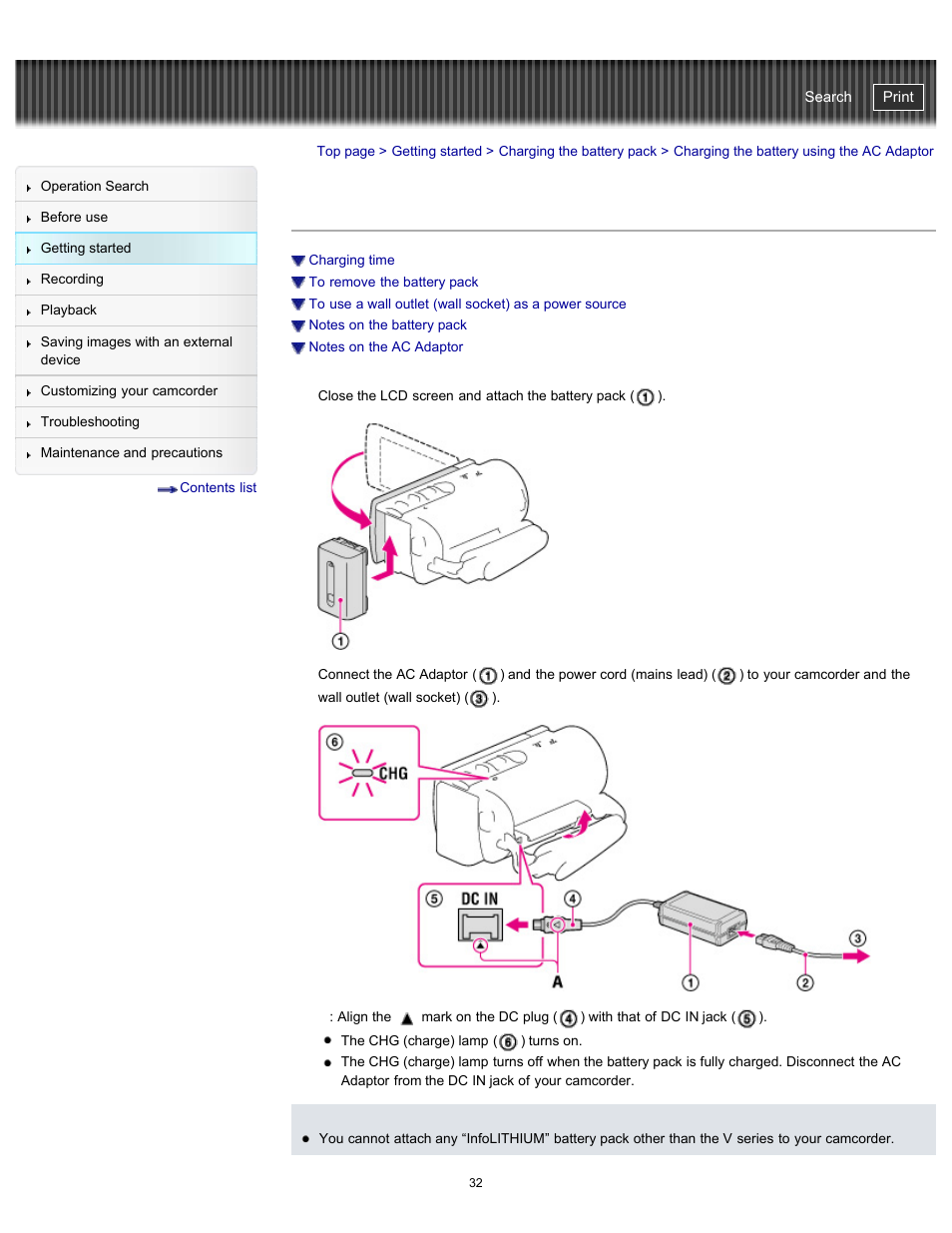 Charging the battery using the ac adaptor, Handycam" user guide | Sony HDR-PJ200 User Manual | Page 39 / 202