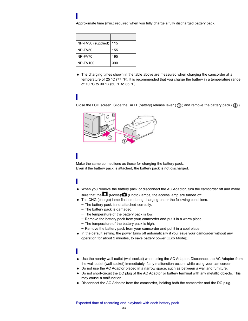 Charging time, To remove the battery pack, Notes on the battery pack | Notes on the ac adaptor | Sony HDR-PJ200 User Manual | Page 40 / 202