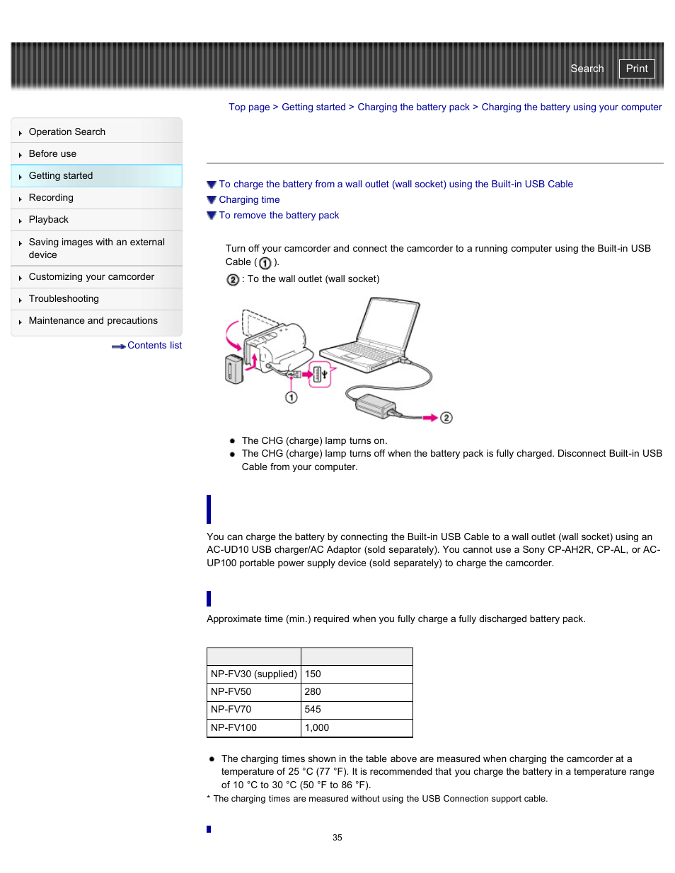 Charging the battery using your computer, Charging time, The builtinusb cable | Handycam" user guide | Sony HDR-PJ200 User Manual | Page 42 / 202