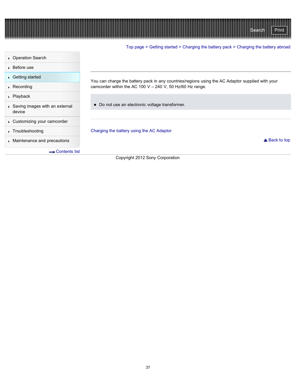 Charging the battery abroad, Handycam" user guide | Sony HDR-PJ200 User Manual | Page 44 / 202