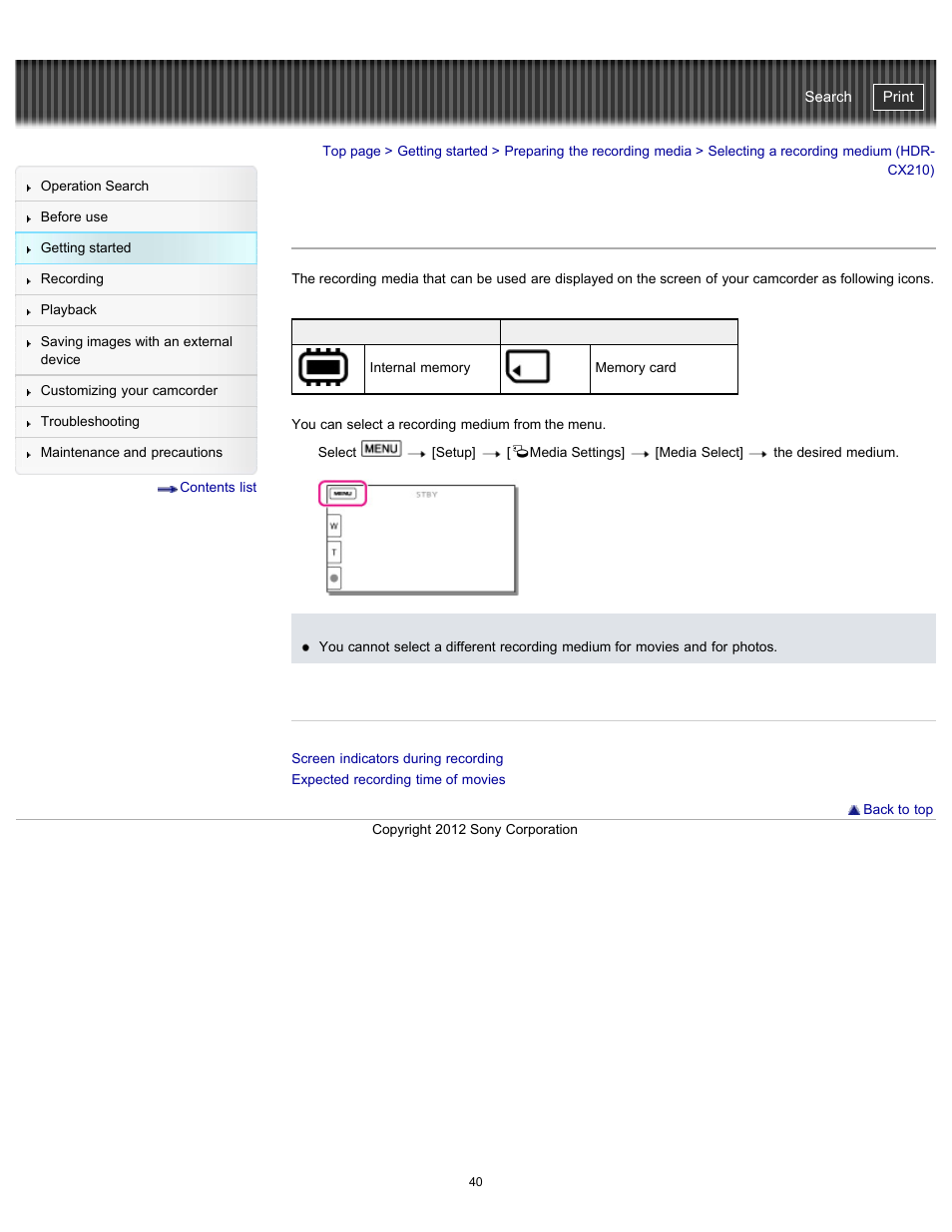 Selecting a recording medium (hdr-cx210), Handycam" user guide | Sony HDR-PJ200 User Manual | Page 47 / 202