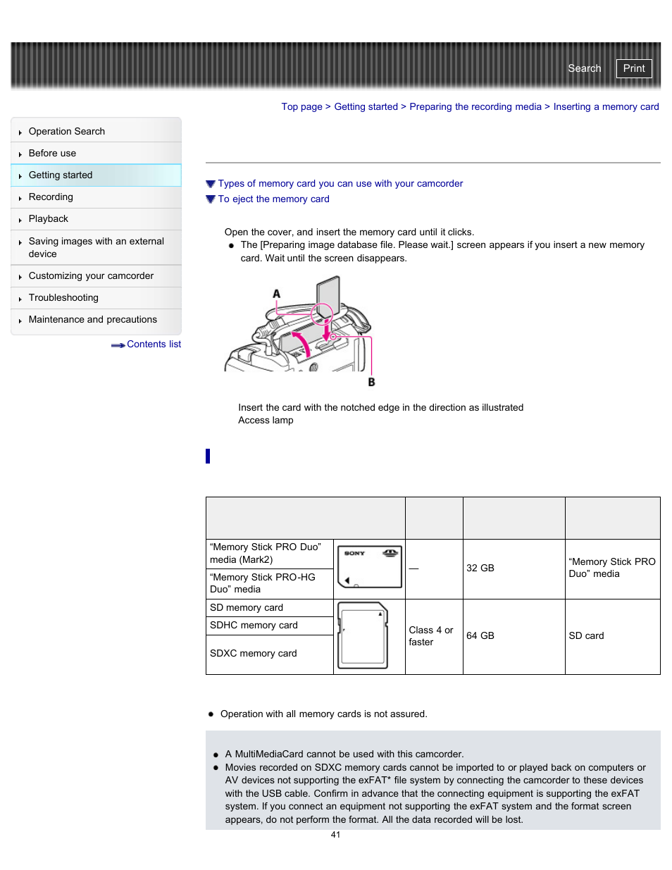 Inserting a memory card, Handycam" user guide | Sony HDR-PJ200 User Manual | Page 48 / 202