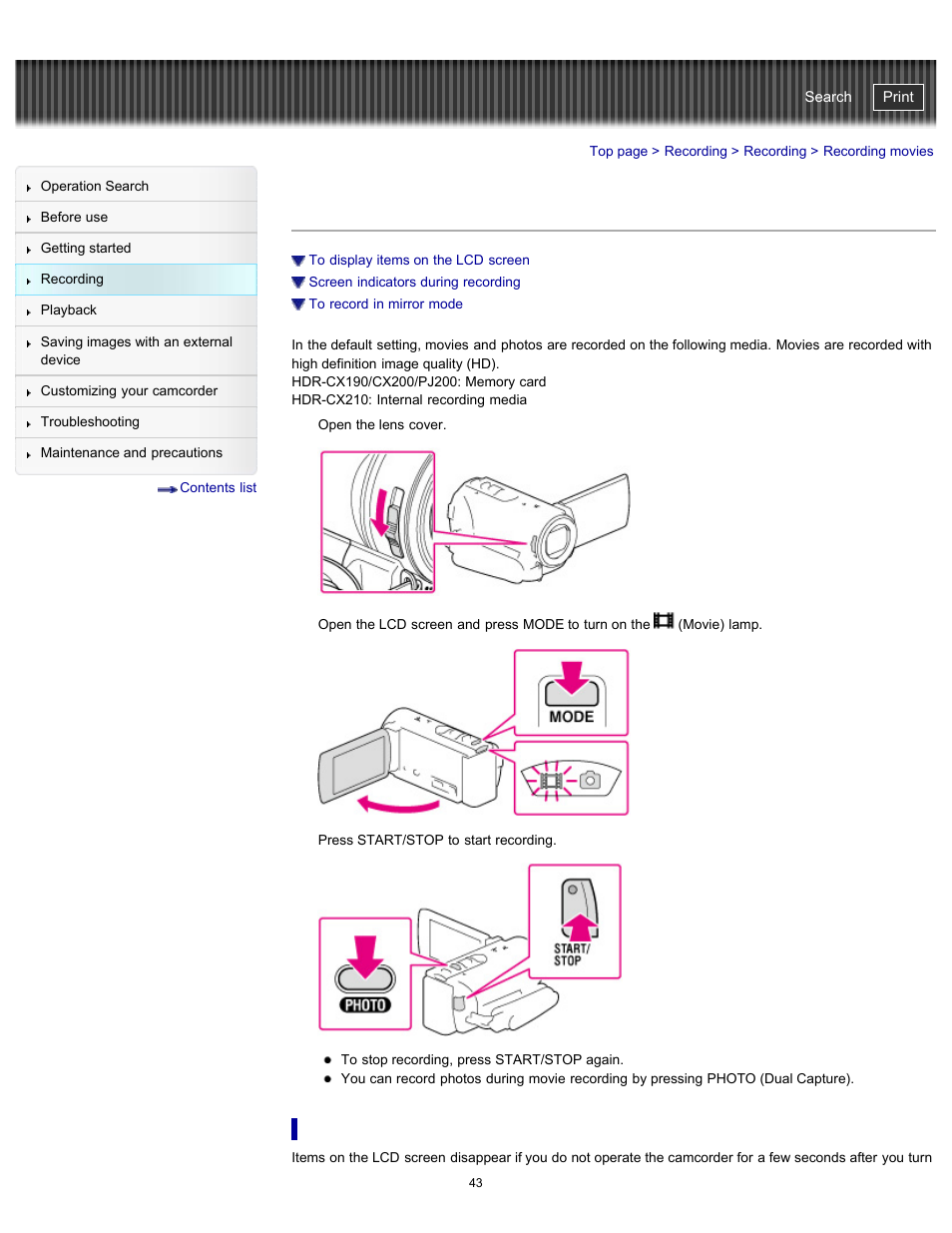 Recording movies, To display items on the lcd screen, Handycam" user guide | Sony HDR-PJ200 User Manual | Page 50 / 202