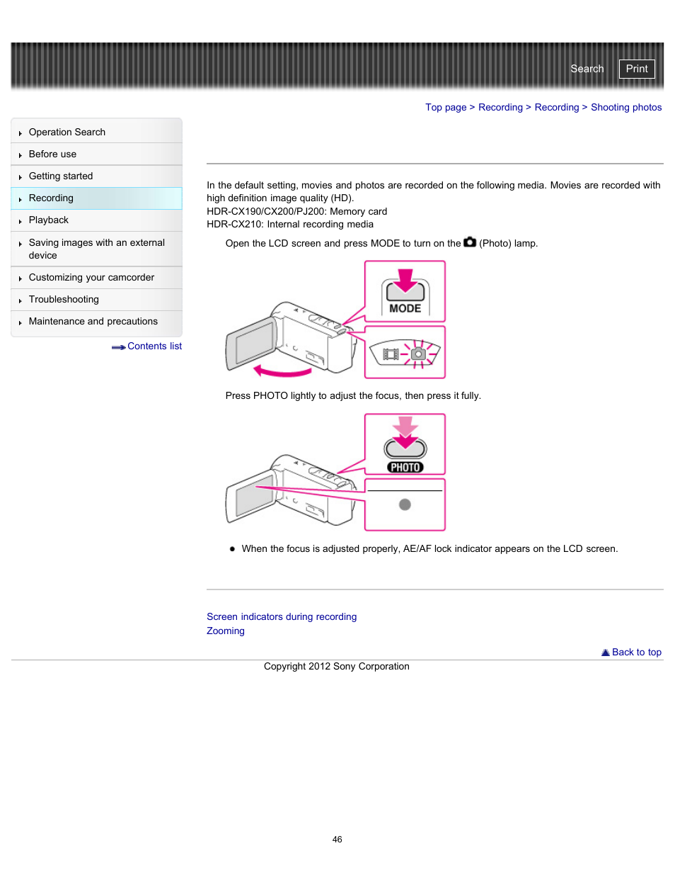 Shooting photos, Handycam" user guide | Sony HDR-PJ200 User Manual | Page 53 / 202