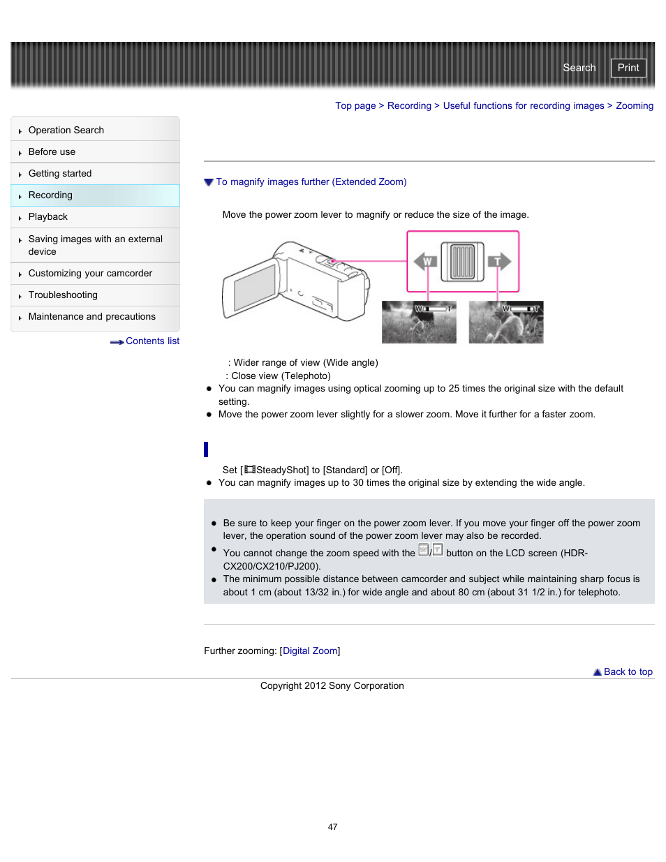 Zooming, To magnify images further (extended zoom), Handycam" user guide | Sony HDR-PJ200 User Manual | Page 54 / 202