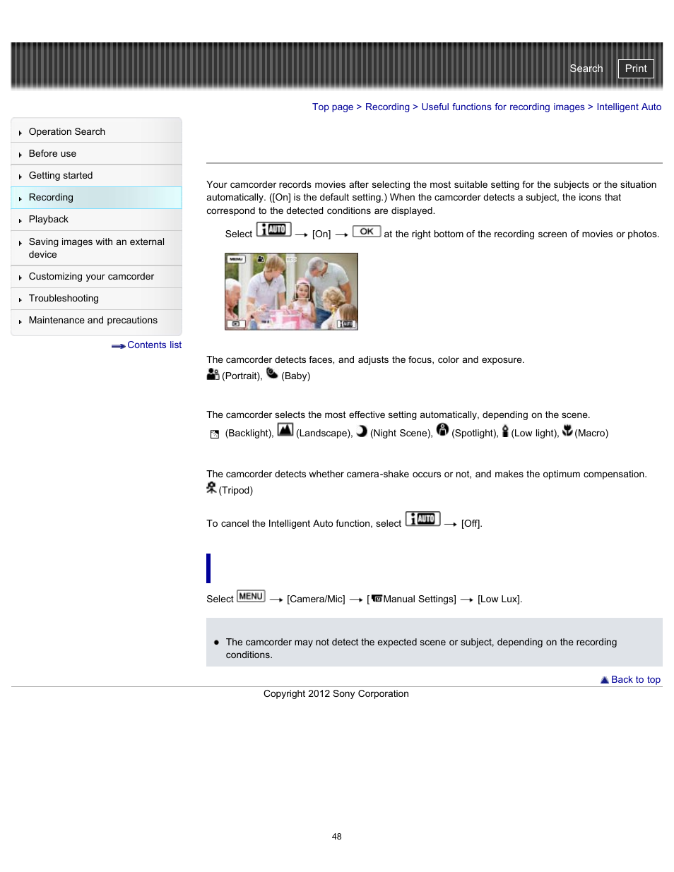 Intelligent auto, Intelligent autofunction, Handycam" user guide | Sony HDR-PJ200 User Manual | Page 55 / 202