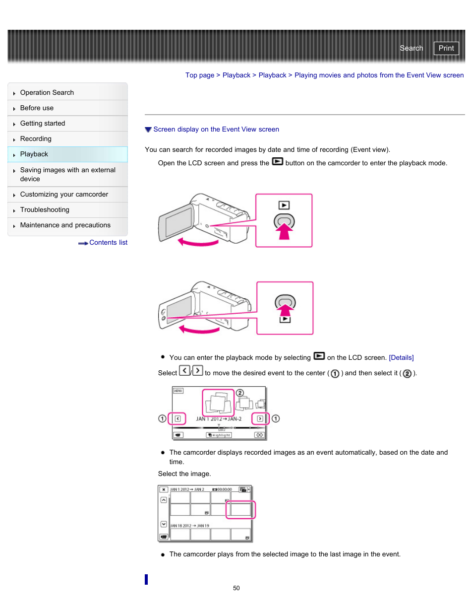 Screen display on the event view screen, Handycam" user guide | Sony HDR-PJ200 User Manual | Page 57 / 202