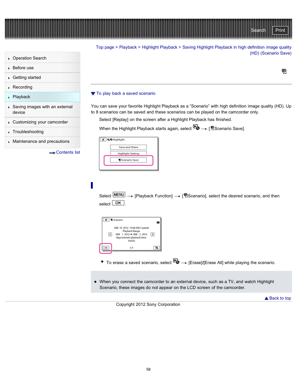 To play back a saved scenario, Handycam" user guide | Sony HDR-PJ200 User Manual | Page 65 / 202