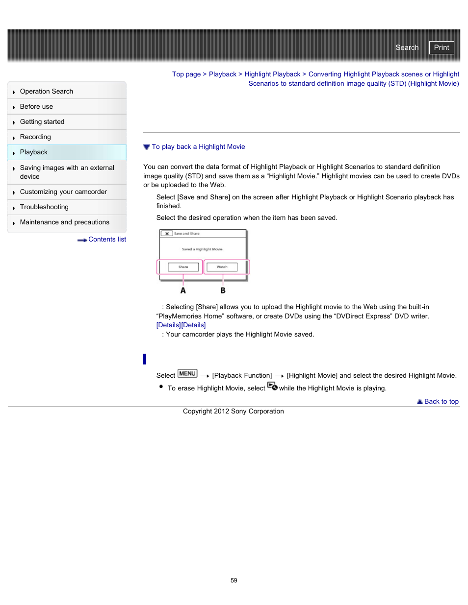 To play back a highlight movie, Tostandard definition image quality, Quality (std) (highlight movie) | Handycam" user guide | Sony HDR-PJ200 User Manual | Page 66 / 202